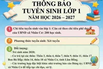 Trường Tiểu học Lê Đình Chinh, xã Nhân Cơ, tỉnh Lâm Đồng trân trọng thông báo về thời gian tuyển sinh lớp 1 năm học 2026–2027.
